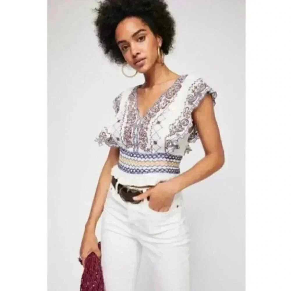 Free People- White Holland Park Beaded Blouse
